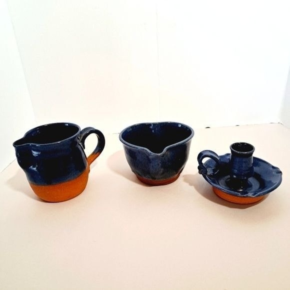 Bob Douglass Pottery Set  Blue Vintage Handmade Pitcher Bowl Candle